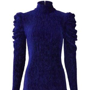 PatBO Luxe Textured Blue Purple Textured Velvet Mock neck Puff sleeves Top MED